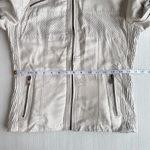VINTAGE Ellus Perforated Moto Jacket S Off White Crinkled Vegan Suede Casual Y2K - Picture 13 of 15